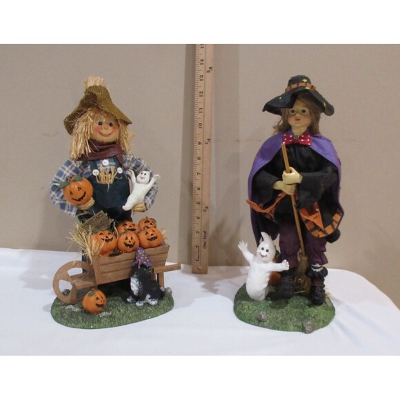 Lot of 2 Halloween Decor Scarecrow & Witch 13" Adorable Fabric Mache (as is) - Picture 1 of 14
